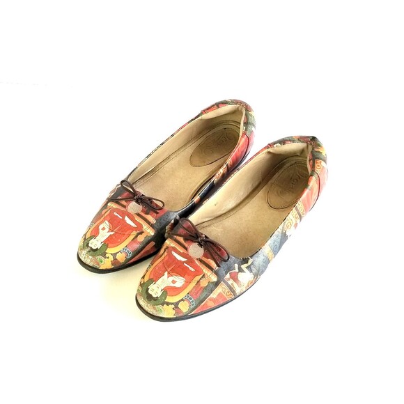 ICON Women's Multicolor Printed Leather Flats Sz 8 Art To Wear Casual Bow - Picture 2 of 14